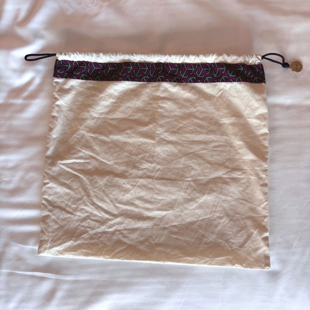 Tory Burch Cream Canvas Drawstring Dust Bag Gold Logo Charm Purple Green Trim - Picture 4 of 4